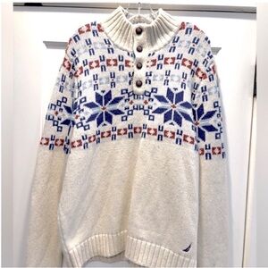 Nautica quarter button fair isles sweater mens cream red blue wool blend size L